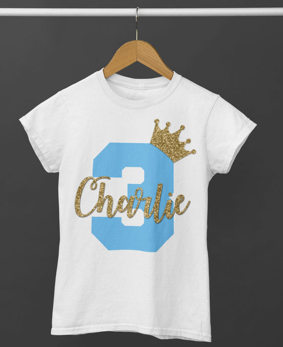 Personalised 1st 2nd 3rd 4th 5th 6th Birthday T-Shirt White With Blue & Gold Glitter Name and Age