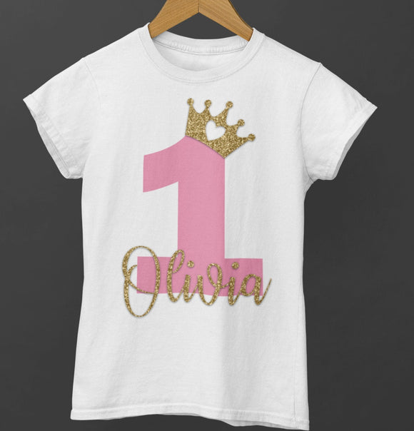 Birthday T-Shirt 1st 2nd 3rd 4th 5th 6th etc Pink and Gold Personalised With Name and Age