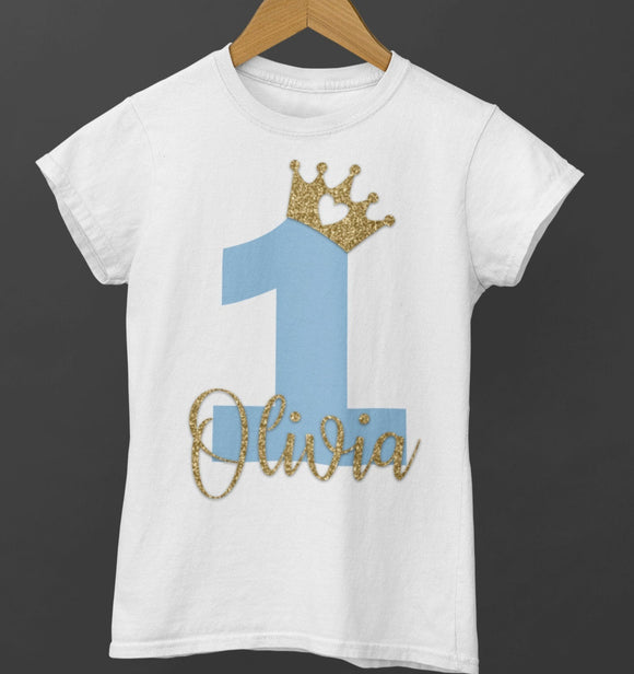 Birthday T-Shirt 1st 2nd 3rd 4th 5th 6th etc Blue and Gold Personalised With Name and Age