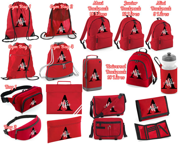 Personalised Backpack Name Initial Book Bag Pencil Case Water Bottle Gymsac PE Bag Boot Shoe Bag Wallet Messenger Bag Waistpack Classic Red