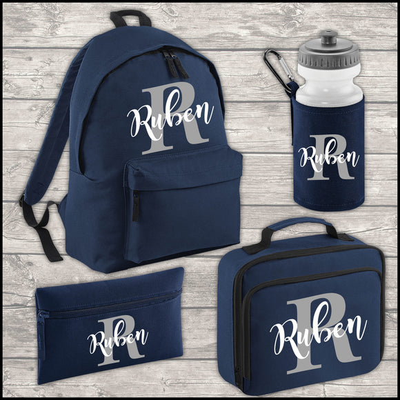 Personalised Initial and Name 12L Backpack Kids Lunch Bag Water Bottle and FREE Pencil Case ADD Your NAME Back To School Navy
