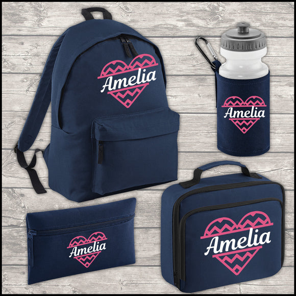 Personalised 9 Litre Backpack - Water Bottle - Lunch Bag - Pencil Case - Back To School - Heart with Name - Navy