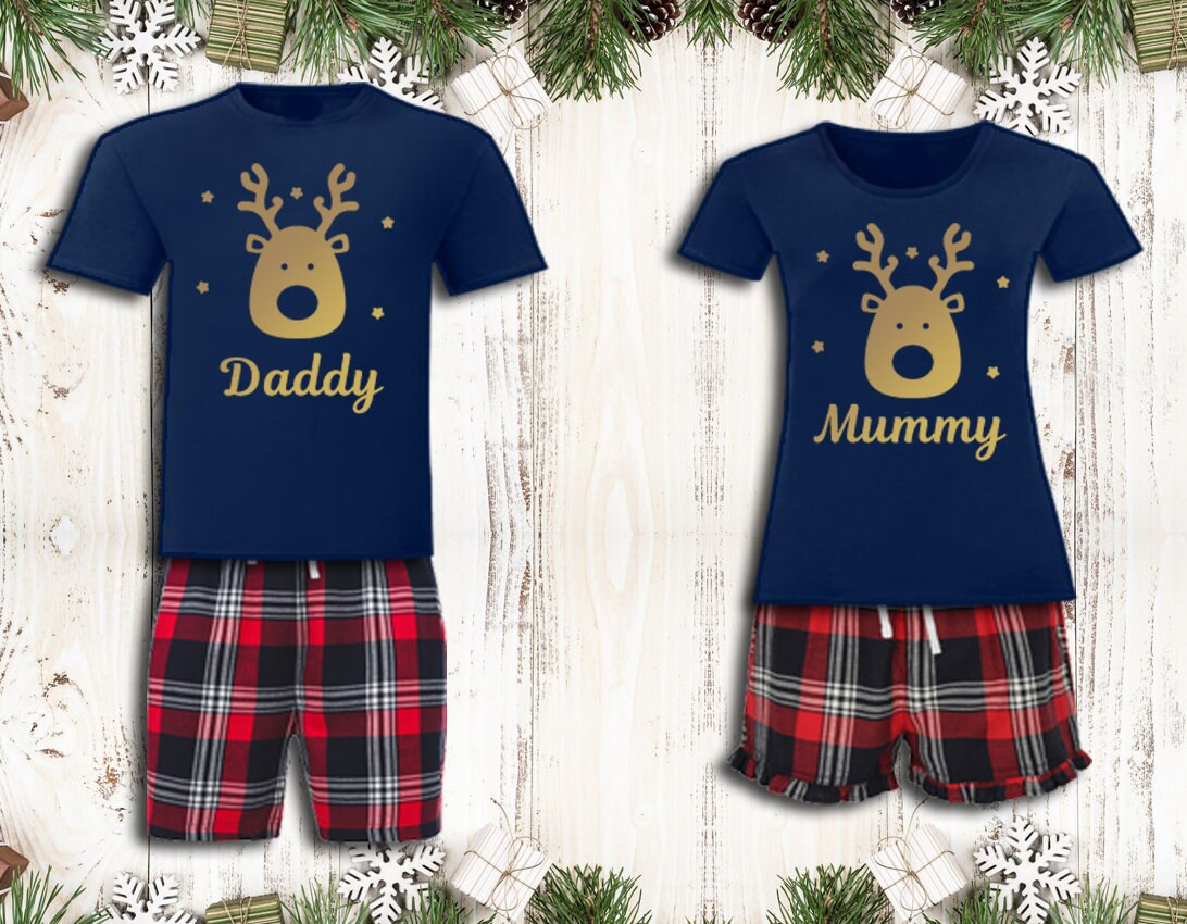 Personalised Matching Family Christmas Pyjamas Reindeer Tartan Design