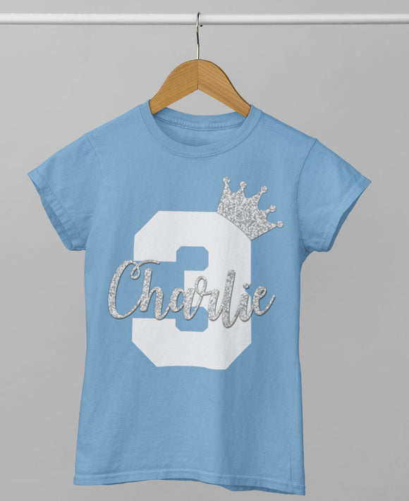 Personalised 1st 2nd 3rd 4th 5th 6th Birthday T-Shirt Light Blue With White & Silver Glitter Name and Age