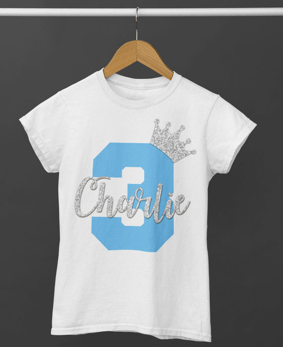 Personalised 1st 2nd 3rd 4th 5th 6th Birthday T-Shirt White With Blue & Silver Glitter Name and Age