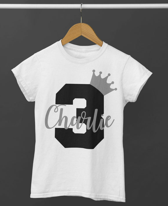 Personalised 1st 2nd 3rd 4th 5th 6th Birthday T-Shirt White With Black & Grey Name and Age