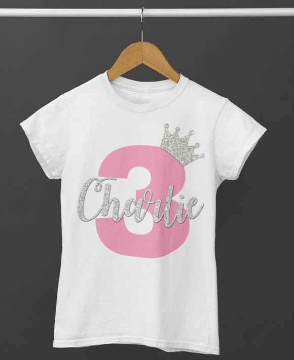 Personalised 1st 2nd 3rd 4th 5th 6th Birthday T-Shirt White With Pink & Silver Glitter Name and Age