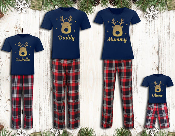 Personalised Matching Family Christmas Pyjamas Reindeer Tartan Design