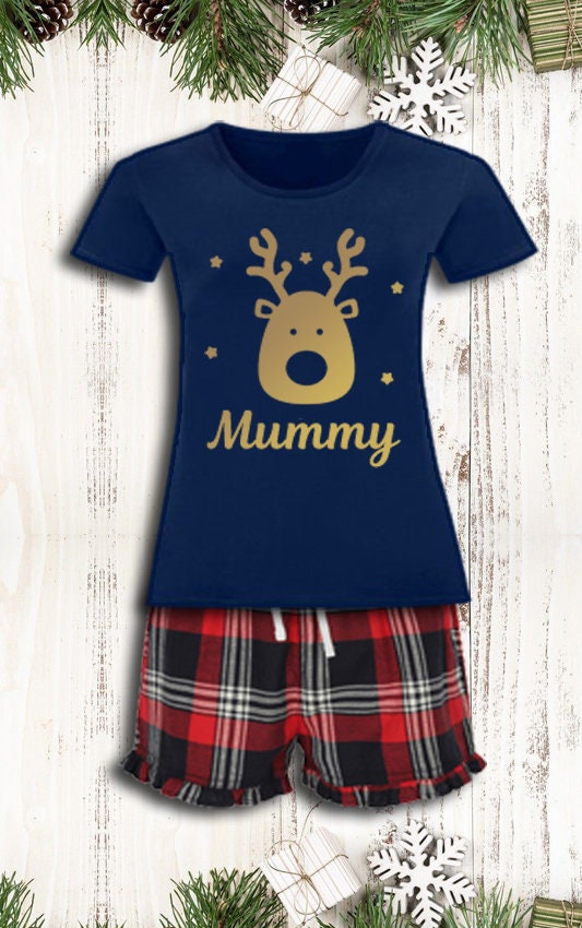 Personalised Matching Family Christmas Pyjamas Reindeer Tartan Design