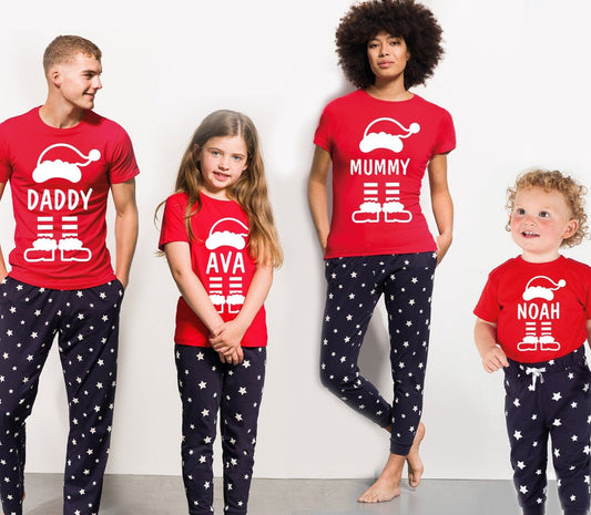 Personalised Matching Family Christmas Pyjamas Santa Navy Stars Red Top