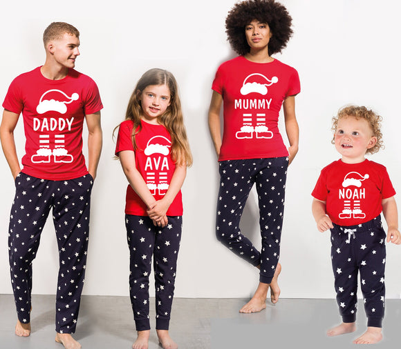 Personalised Matching Family Christmas Pyjamas Santa Navy Stars Red Top