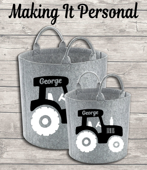 Personalised Childs Tractor Toy Bag Kids Toy Basket Toy Felt Trug Toy Storage Bag Birthday Gift Idea