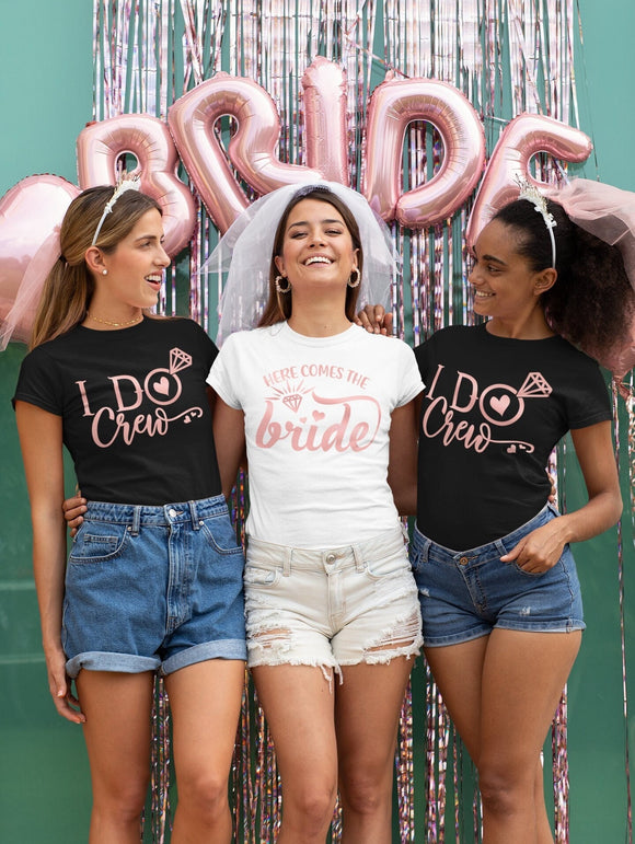 Here Comes The Bride/I Do Crew Black White Rose Gold T-Shirt Bachelorette Party T-Shirts, Hen Night T-Shirts, Hen Party T-Shirts, Matching Gymsac
