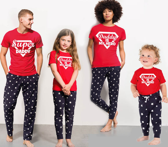 Personalised Father's Day Gift Super Daddy & Daddy Is My Hero Pyjamas Matching Pyjamas Navy Stars Red Top Loungewear Adult Child Baby