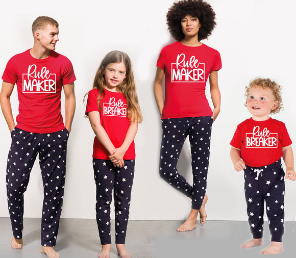 Personalised Father's Day Gift Rule Maker, Rule Breaker Pyjamas Matching Pyjamas Navy Stars Red Top Loungewear Adult Child Baby
