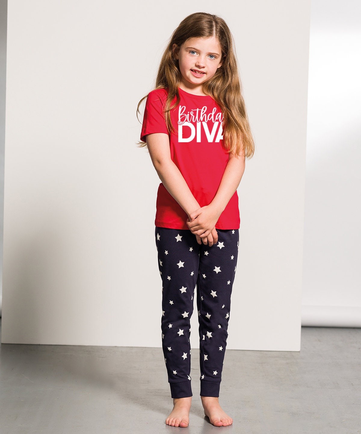 Personalised Pyjamas Birthday King, Birthday Queen, Birthday Diva, Birthday Squad Matching Pyjamas Navy Stars Red Top Loungewear Adult Child