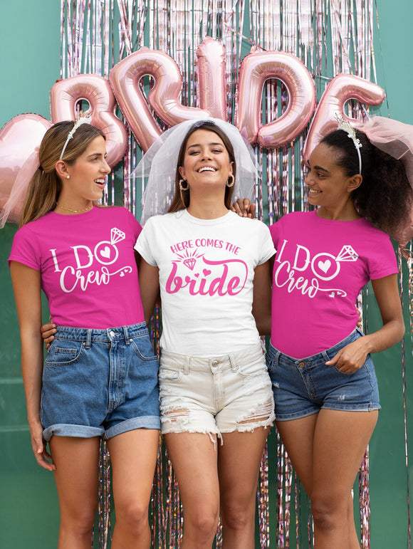 Here Comes The Bride/I Do Crew Pink and White T-Shirt Bachelorette Party T-Shirts, Hen Night T-Shirt, Hen Party T-Shirt, Add Matching Gymsac