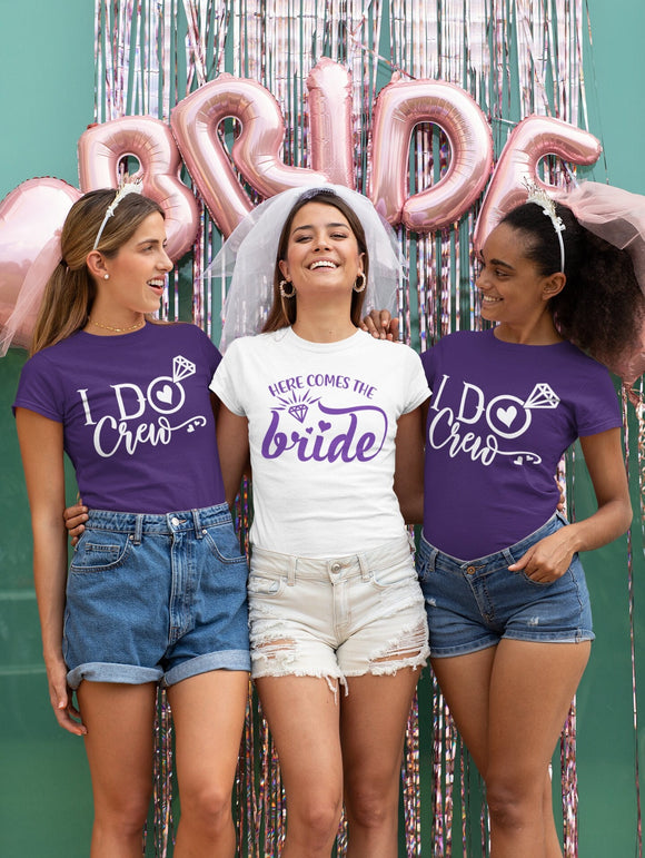 Here Comes The Bride/I Do Crew Purple and White T-Shirt Bachelorette Party T-Shirts, Hen Night T-Shirts, Hen Party T-Shirts, Matching Gymsac
