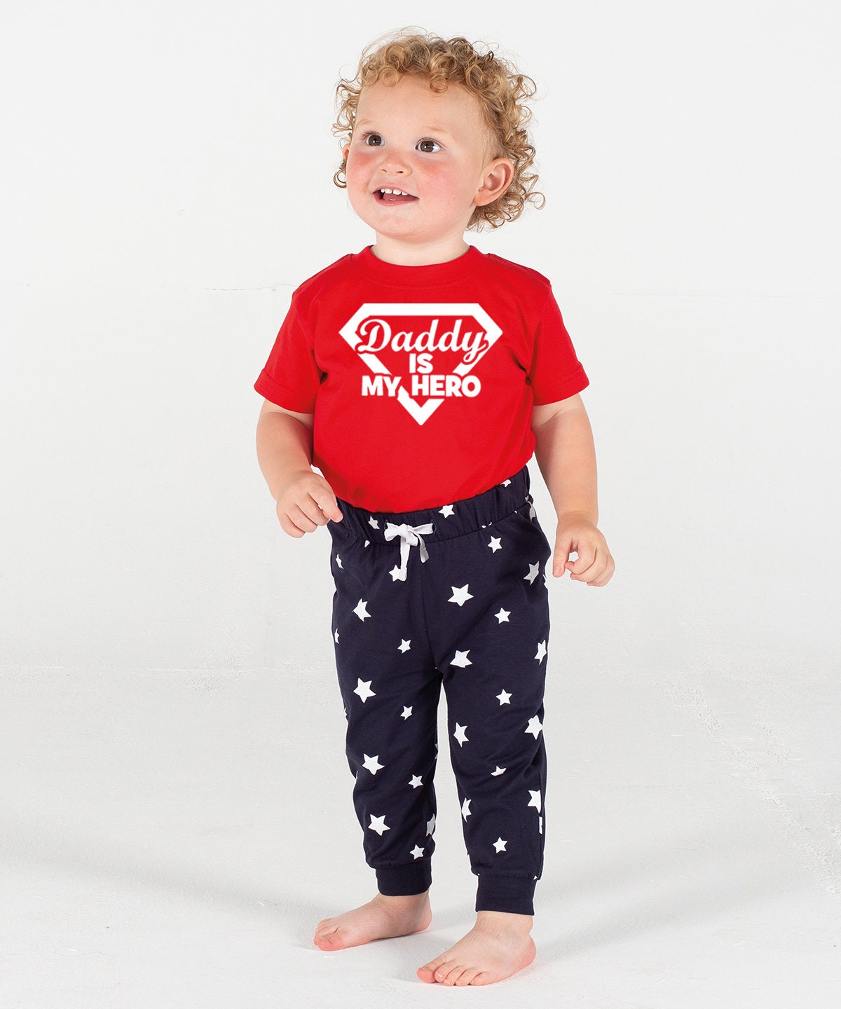 Personalised Father's Day Gift Super Daddy & Daddy Is My Hero Pyjamas Matching Pyjamas Navy Stars Red Top Loungewear Adult Child Baby