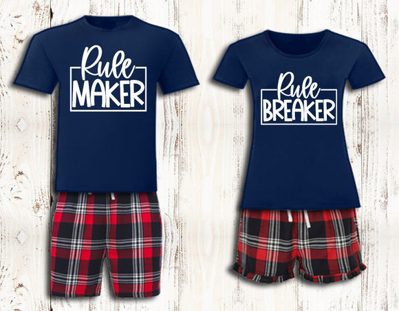 Personalised Pyjamas Rule Maker Rule Breaker Matching Family Pyjamas Red Tartan Loungewear Adult Child Baby