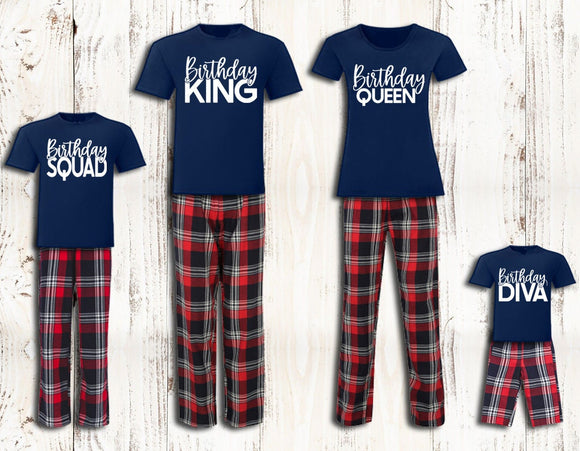 Personalised Pyjamas Birthday King, Birthday Queen, Birthday Diva, Birthday Squad Matching Family Pyjamas Red Tartan Loungewear Adult Child