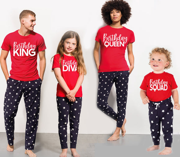 Personalised Pyjamas Birthday King, Birthday Queen, Birthday Diva, Birthday Squad Matching Pyjamas Navy Stars Red Top Loungewear Adult Child