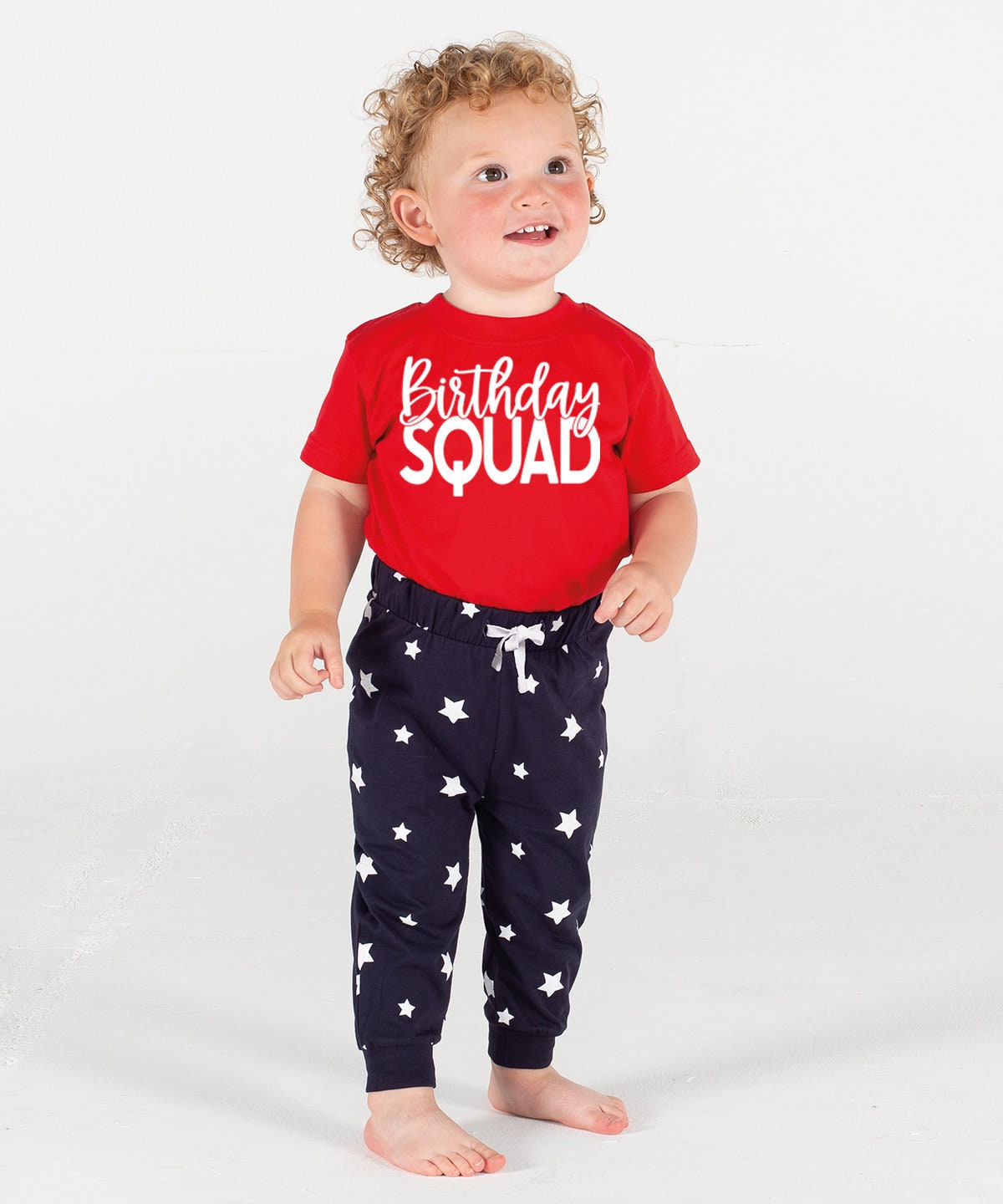 Personalised Pyjamas Birthday King, Birthday Queen, Birthday Diva, Birthday Squad Matching Pyjamas Navy Stars Red Top Loungewear Adult Child