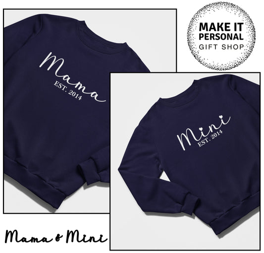 Personalised Mama and Mini EST Navy Sweatshirt, Mother's Day Gift, Mummy Birthday Gift, New Mum Gift