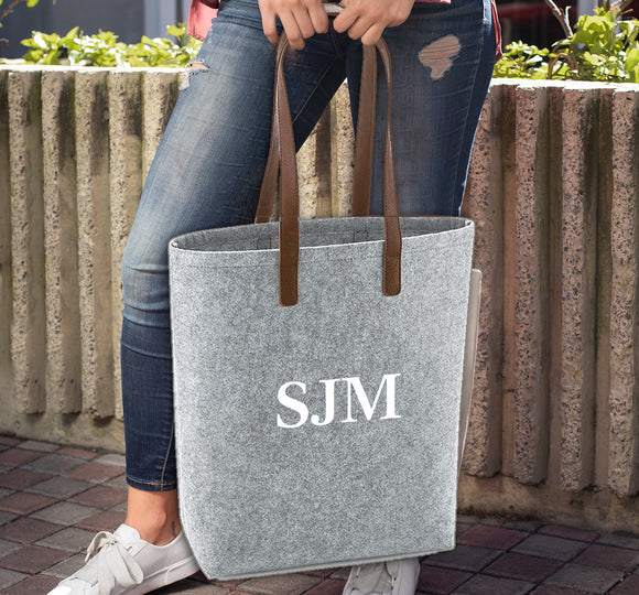 Personalised Felt Tote Bag with Faux Leather Handles Bridesmaid Gift Add Initials Mother's Day Gift Teacher Gift