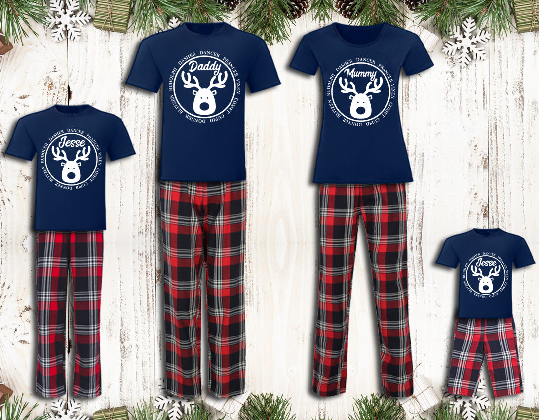 Personalised Matching Family Christmas Pyjamas Rudolph Reindeer Tartan Adult Childrens