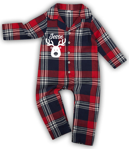 Personalised Matching Family Christmas Pyjamas Rudolph Reindeer Tartan Adult Childrens