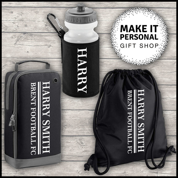 Personalised Sports Set Boot Bag Water Bottle and Gym Bag Black ADD Your NAME and Club