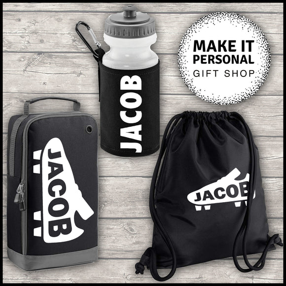 Personalised Sports Set Boot Bag Water Bottle and Gym Bag Black ADD Your NAME Boot Image