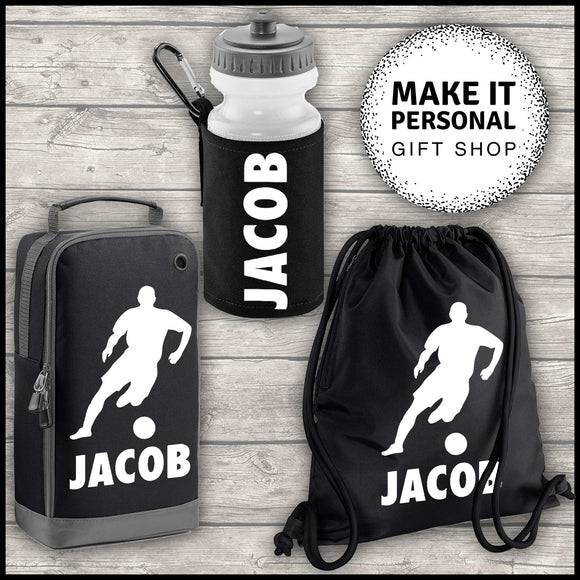 Personalised Sports Set Boot Bag Water Bottle and Gym Bag Black ADD Your NAME Footballer Image