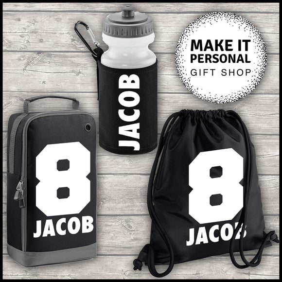 Personalised Sports Set Boot Bag Water Bottle and Gym Bag Black ADD Your NAME and Number