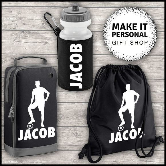 Personalised Sports Set Boot Bag Water Bottle and Gym Bag Black ADD Your NAME Poser Image