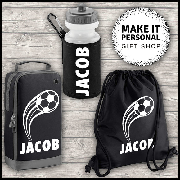 Personalised Sports Set Boot Bag Water Bottle and Gym Bag Black ADD Your NAME Fast Ball Image