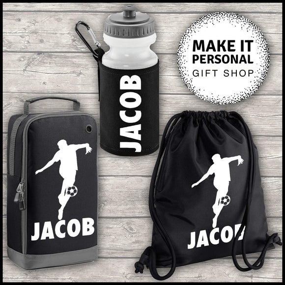 Personalised Sports Set Boot Bag Water Bottle and Gym Bag Black ADD Your NAME Penalty Shoot Image