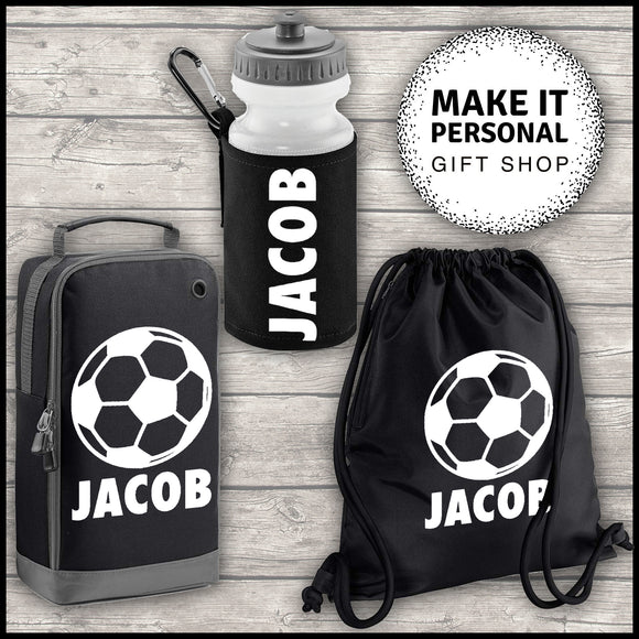 Personalised Sports Set Boot Bag Water Bottle and Gym Bag Black ADD Your NAME Football